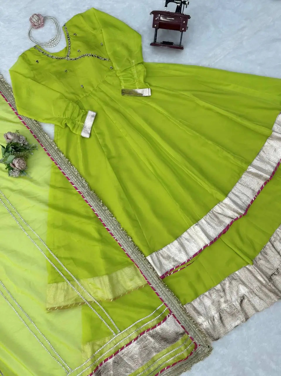 Lime Mirror Work Lehenga Set