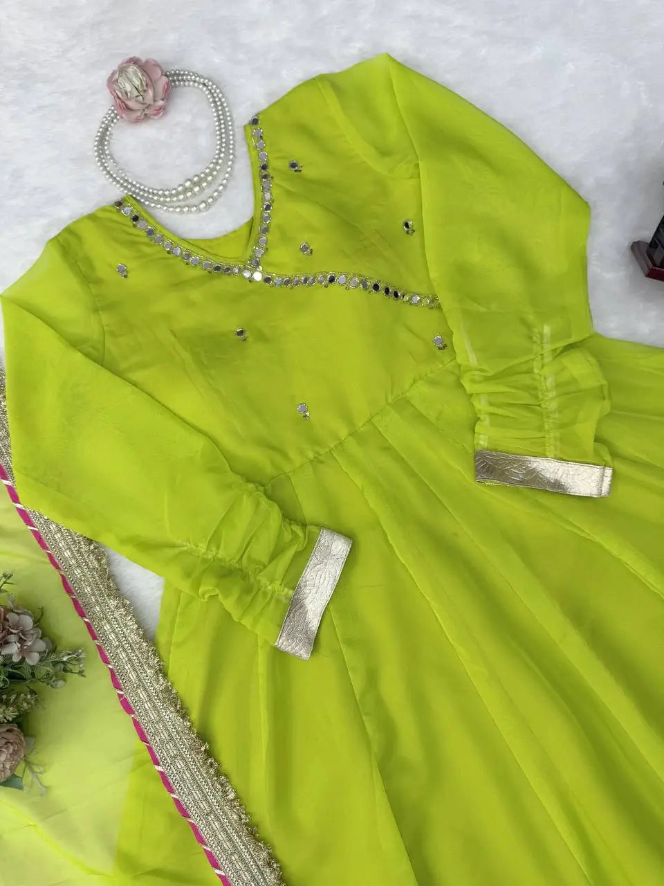 Lime Mirror Work Lehenga Set