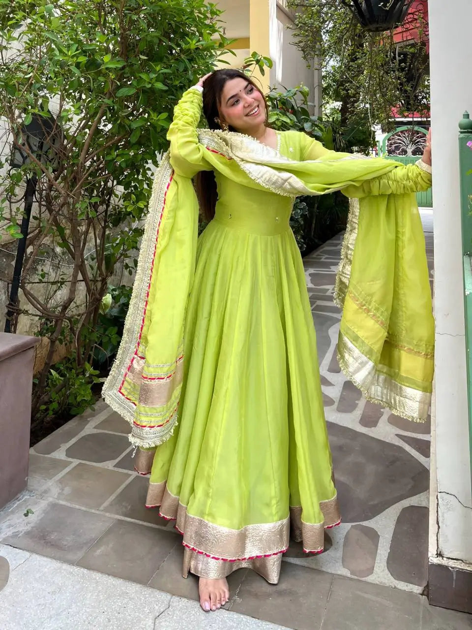 Lime Mirror Work Lehenga Set