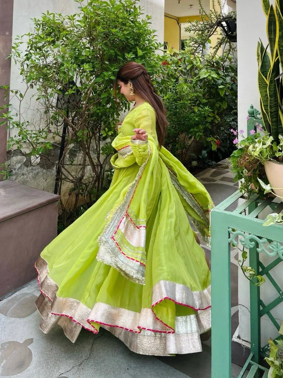 Lime Mirror Work Lehenga Set