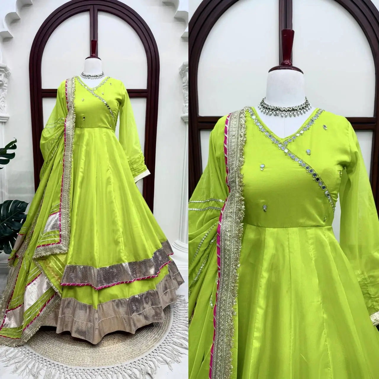Lime Mirror Work Lehenga Set