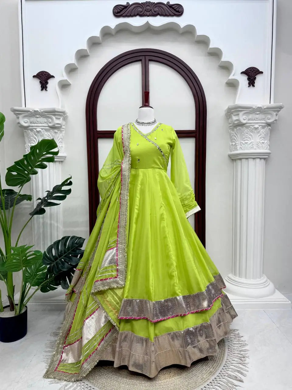 Lime Mirror Work Lehenga Set