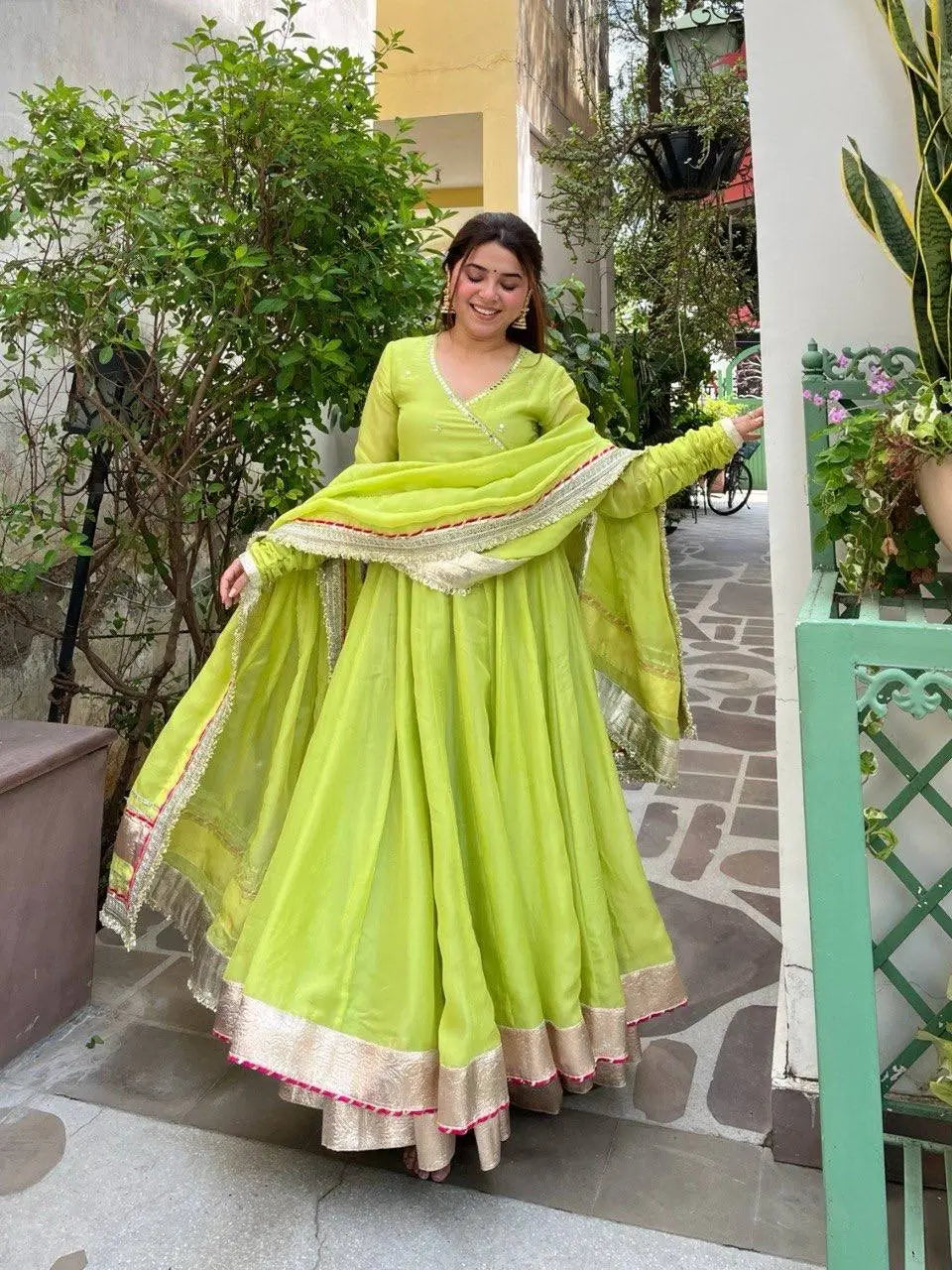 Lime Mirror Work Lehenga Set