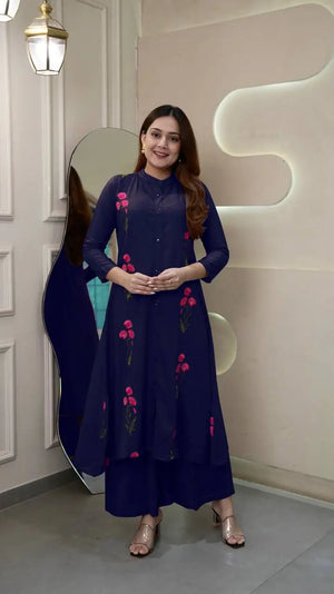Long Flair Embroidered Rayon Kurti with Palazzo – Elegant Festive Wear
