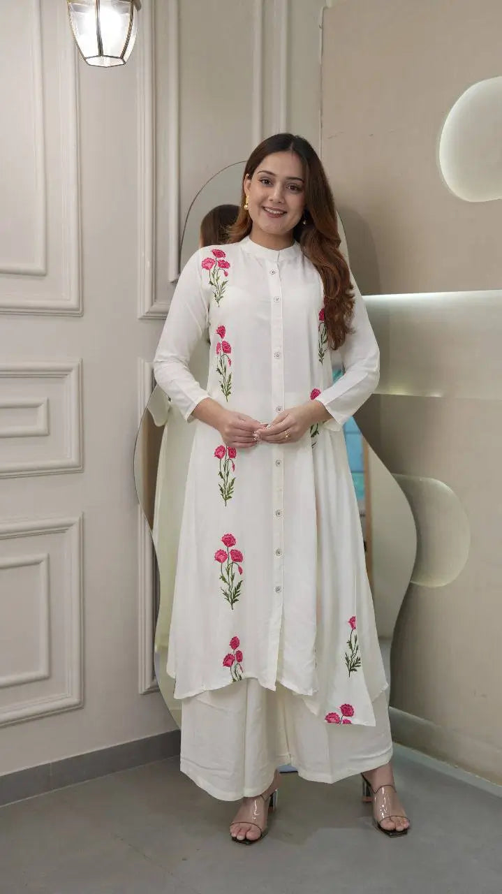 Long Flair Embroidered Rayon Kurti with Palazzo – Elegant Festive Wear
