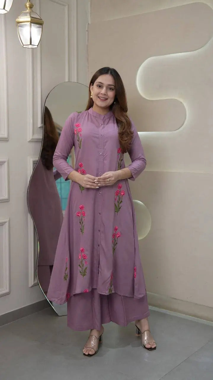 Long Flair Embroidered Rayon Kurti with Palazzo – Elegant Festive Wear