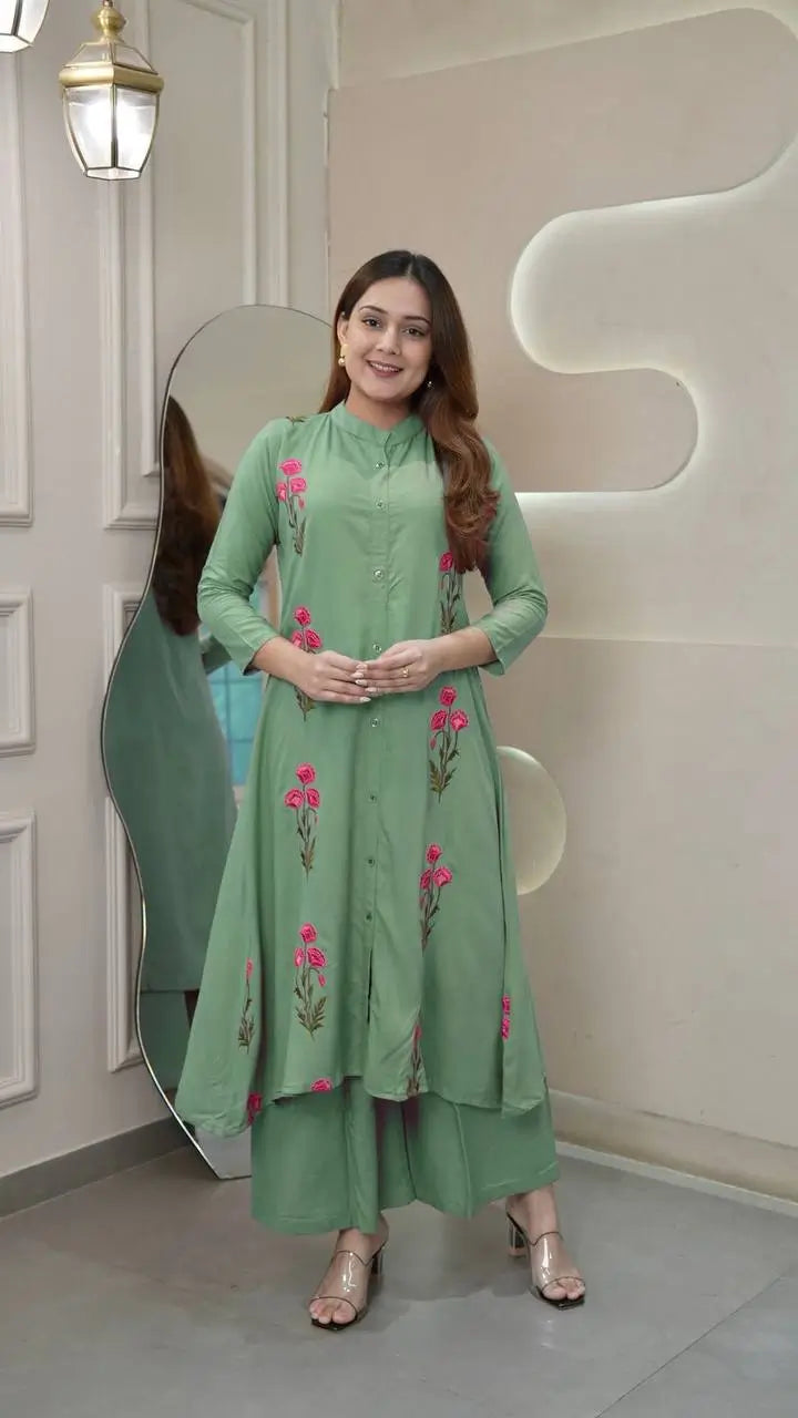 Long Flair Embroidered Rayon Kurti with Palazzo – Elegant Festive Wear