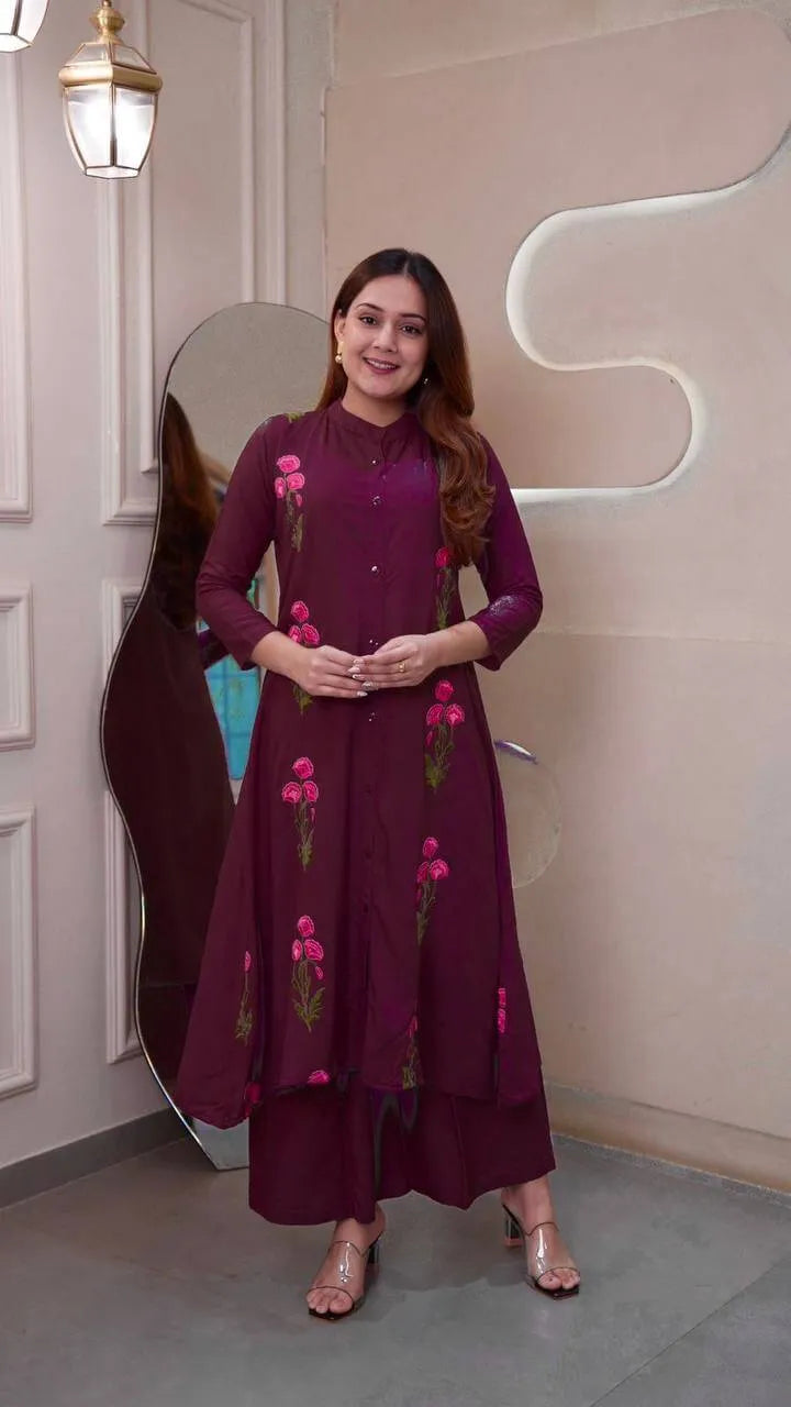 Long Flair Embroidered Rayon Kurti with Palazzo – Elegant Festive Wear