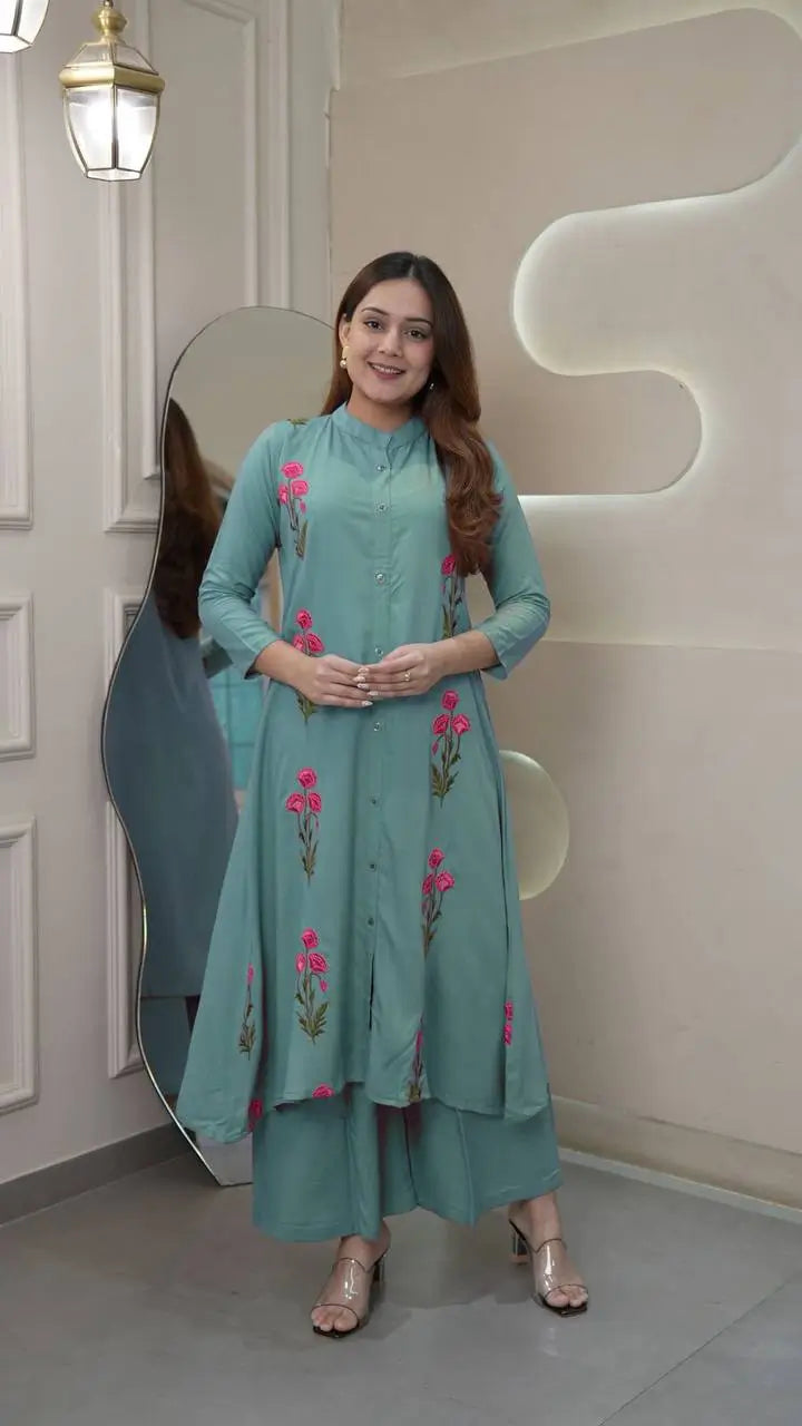 Long Flair Embroidered Rayon Kurti with Palazzo – Elegant Festive Wear