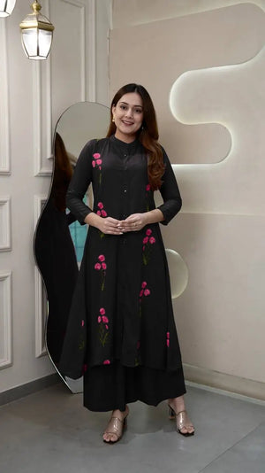 Long Flair Embroidered Rayon Kurti with Palazzo – Elegant Festive Wear