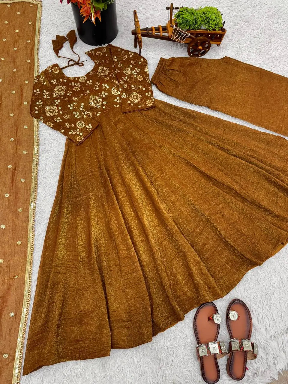 Luxe Crunchy Silk Embroidered Partywear Gown Pant Set