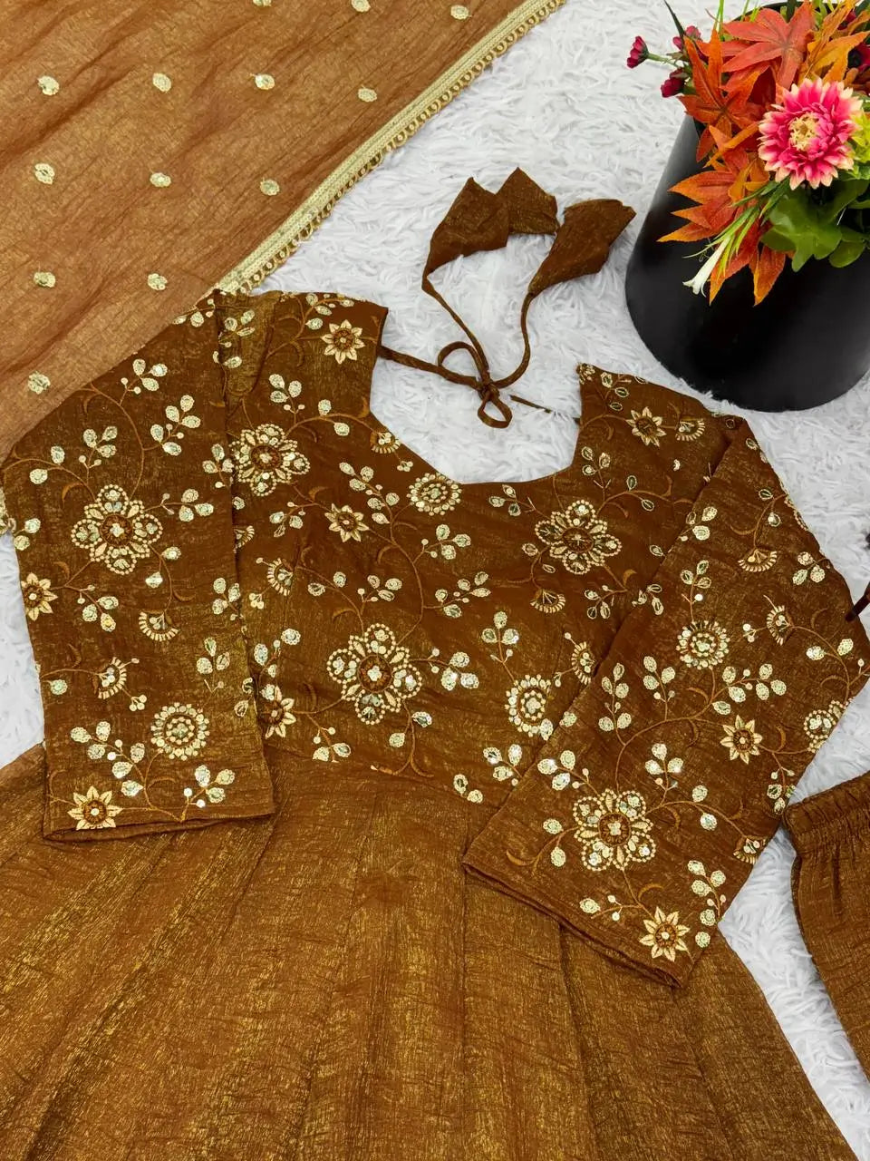 Luxe Crunchy Silk Embroidered Partywear Gown Pant Set