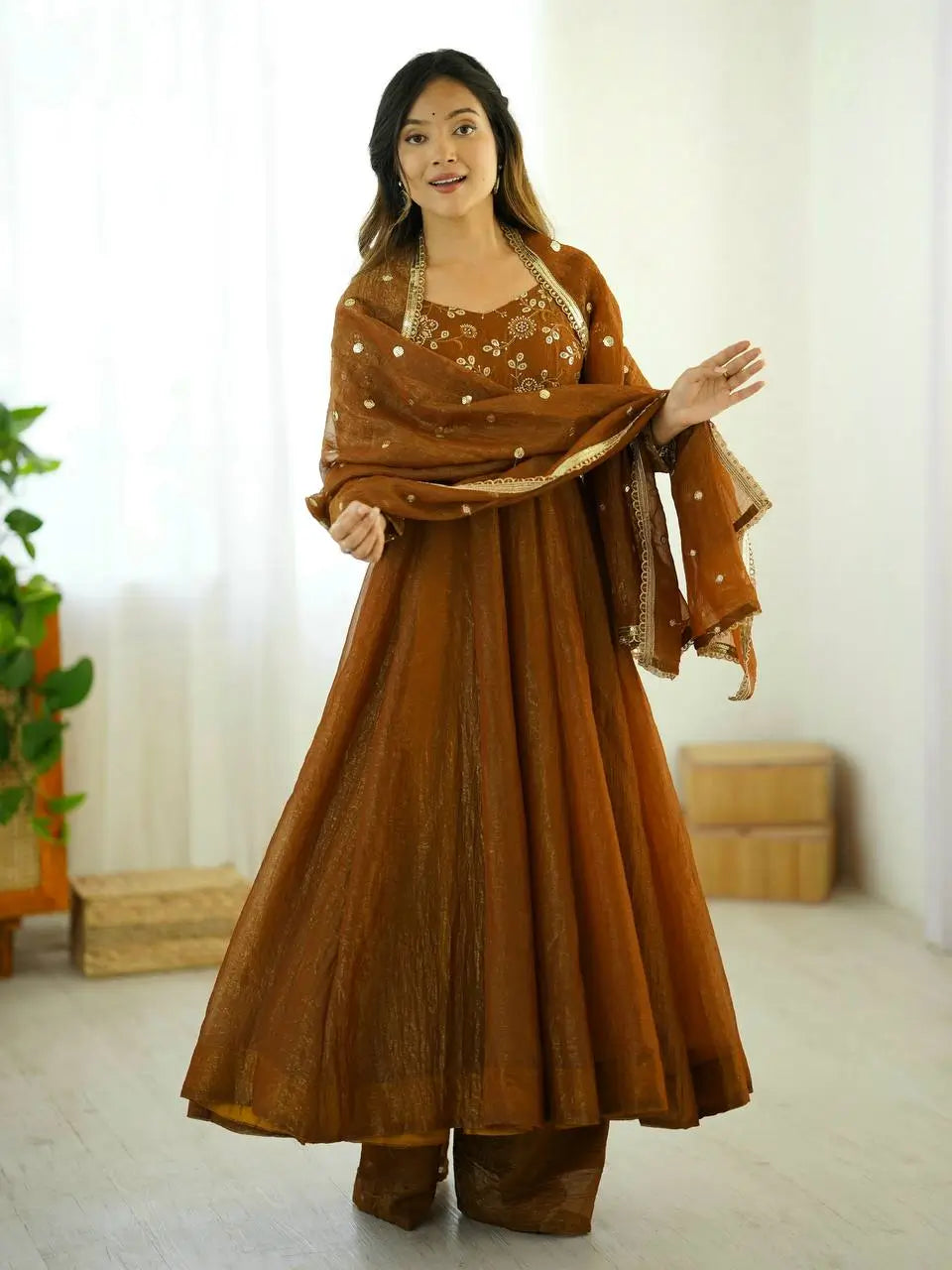 Luxe Crunchy Silk Embroidered Partywear Gown Pant Set