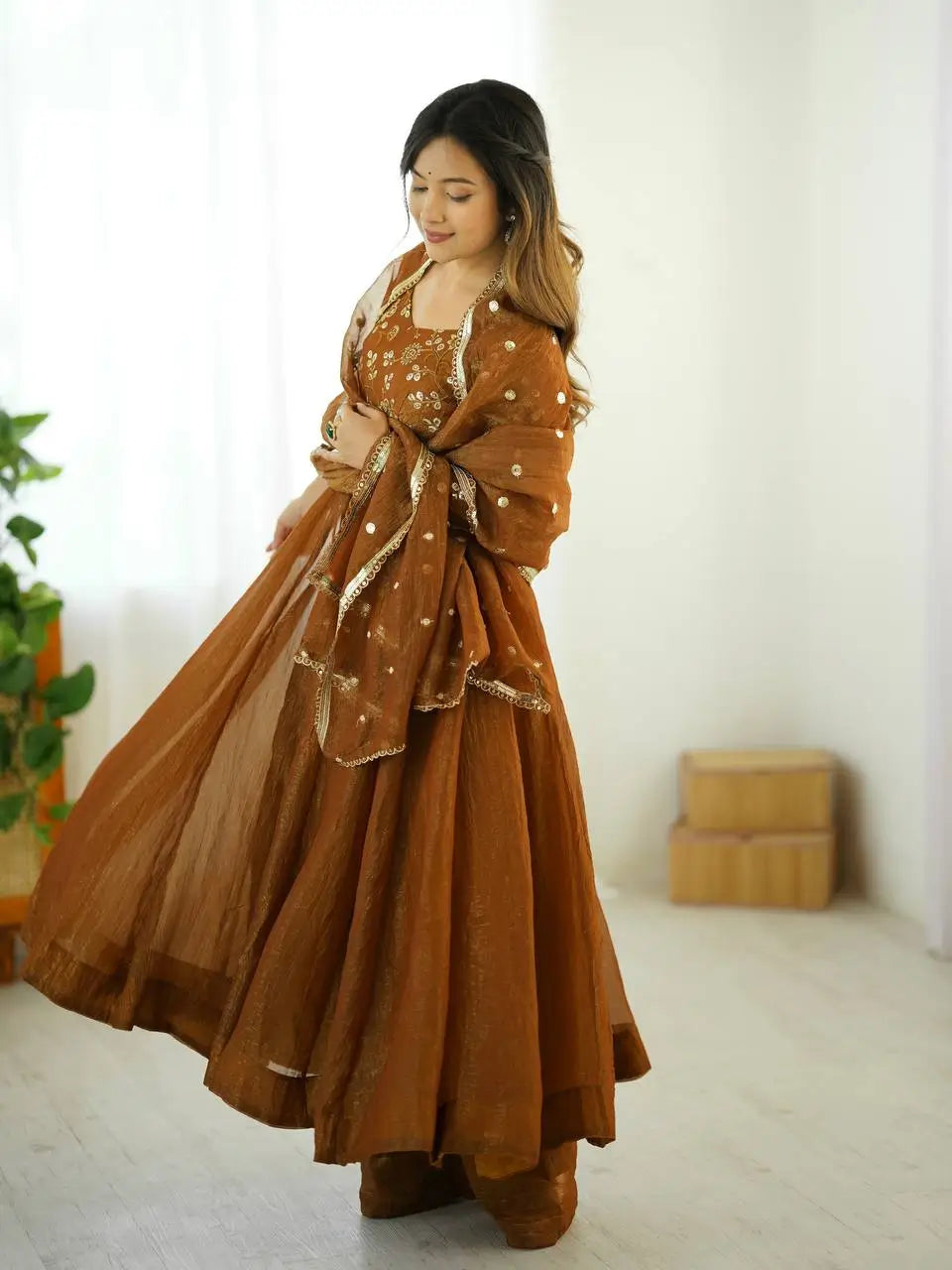 Luxe Crunchy Silk Embroidered Partywear Gown Pant Set