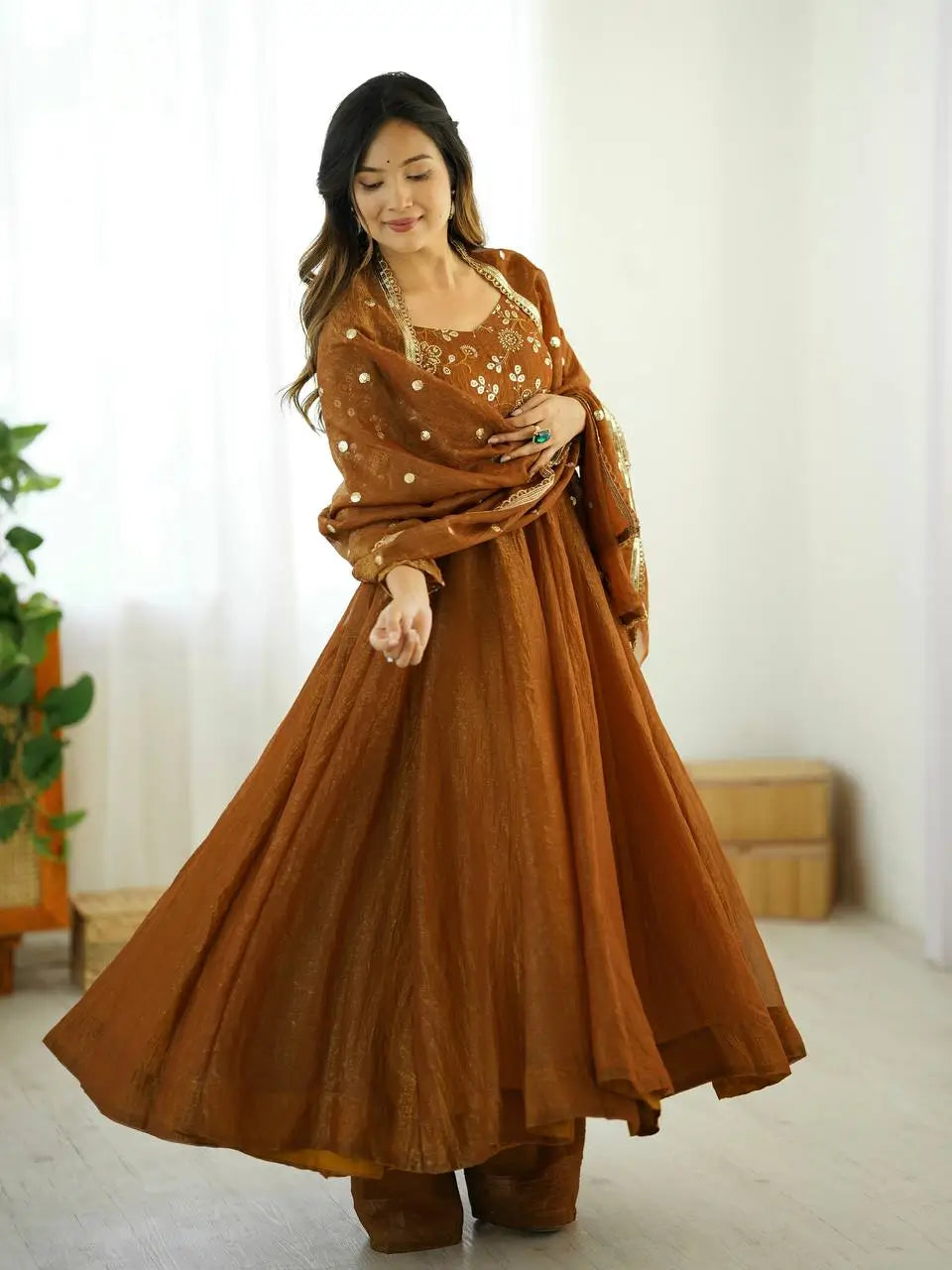 Luxe Crunchy Silk Embroidered Partywear Gown Pant Set