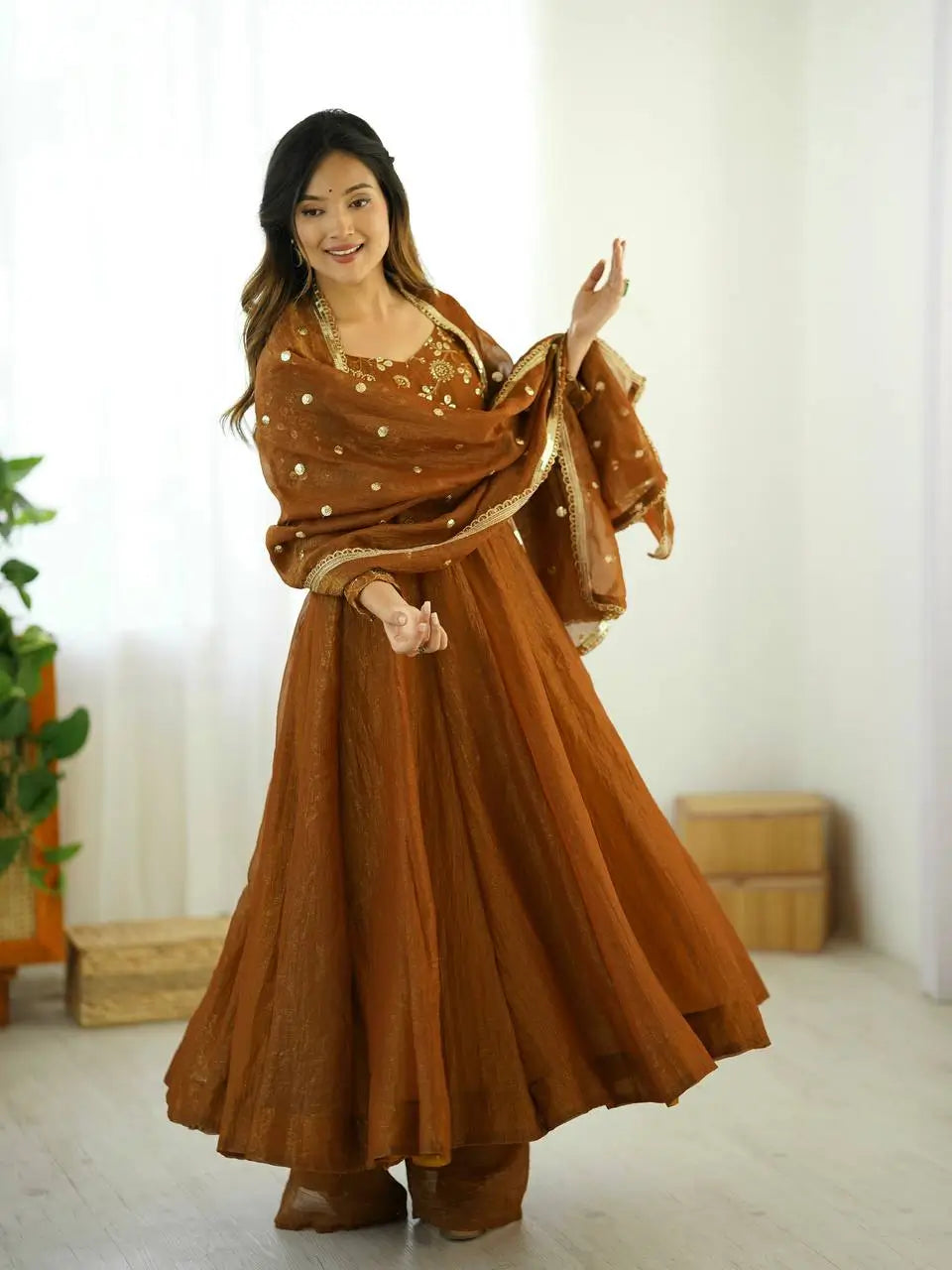 Luxe Crunchy Silk Embroidered Partywear Gown Pant Set