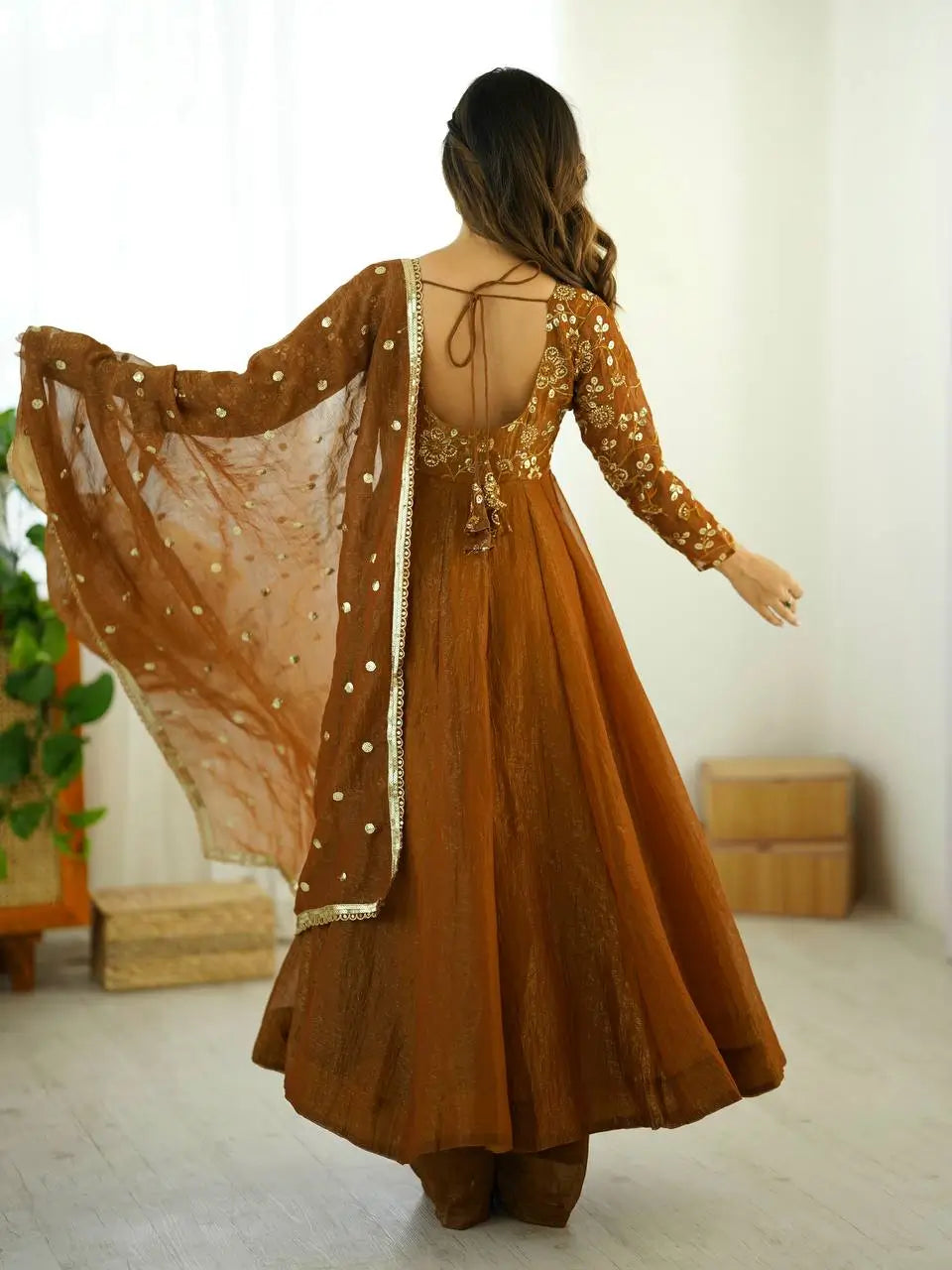 Luxe Crunchy Silk Embroidered Partywear Gown Pant Set