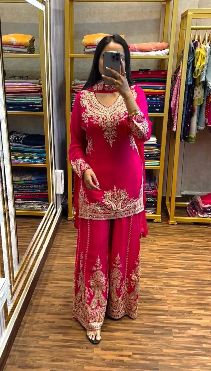 Luxury Chinnon Silk Embroidered Suit Set with Palazzo & Dupatta