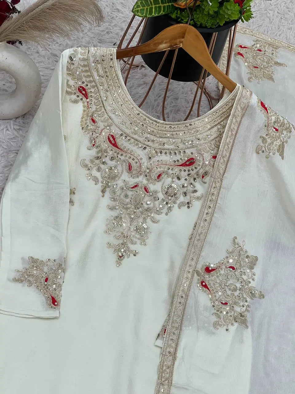 Luxury Chinnon Silk Embroidered Suit Set with Palazzo & Dupatta