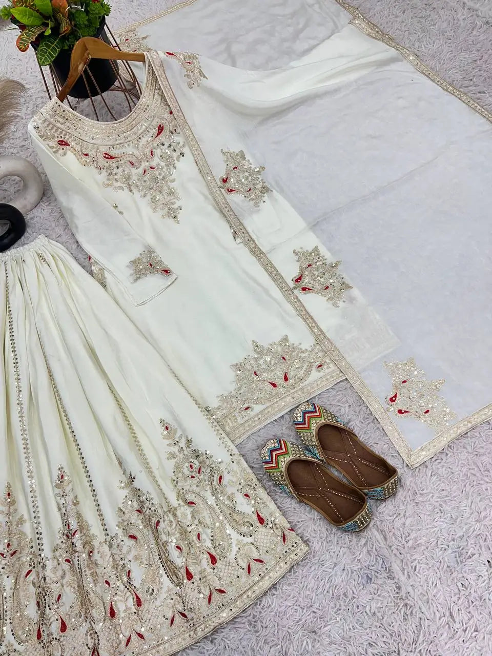 Luxury Chinnon Silk Embroidered Suit Set with Palazzo & Dupatta