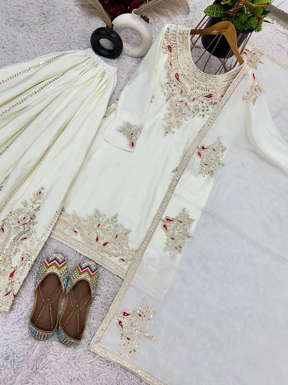 Luxury Chinnon Silk Embroidered Suit Set with Palazzo & Dupatta