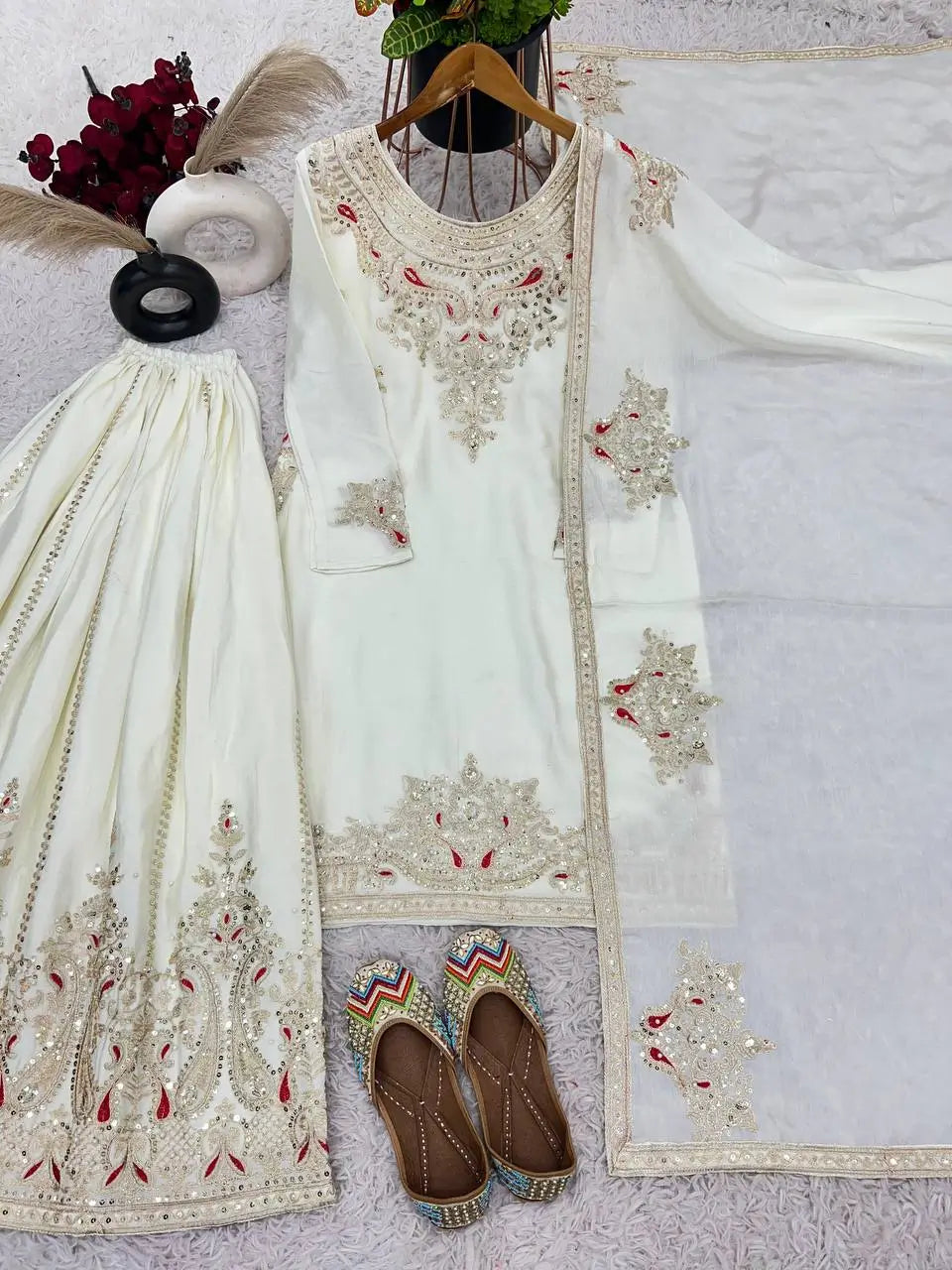 Luxury Chinnon Silk Embroidered Suit Set with Palazzo & Dupatta