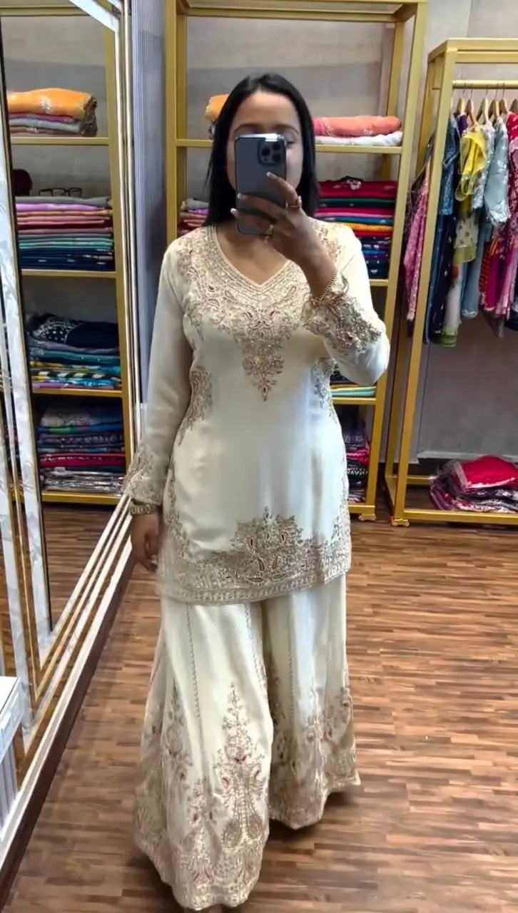 Luxury Chinnon Silk Embroidered Suit Set with Palazzo & Dupatta