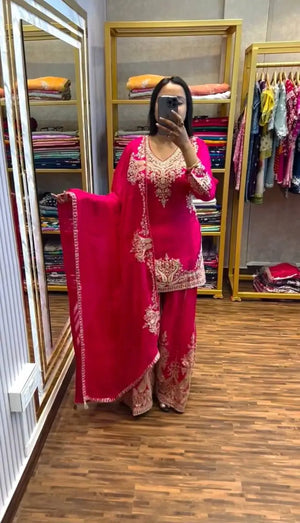 Luxury Chinnon Silk Embroidered Suit Set with Palazzo & Dupatta