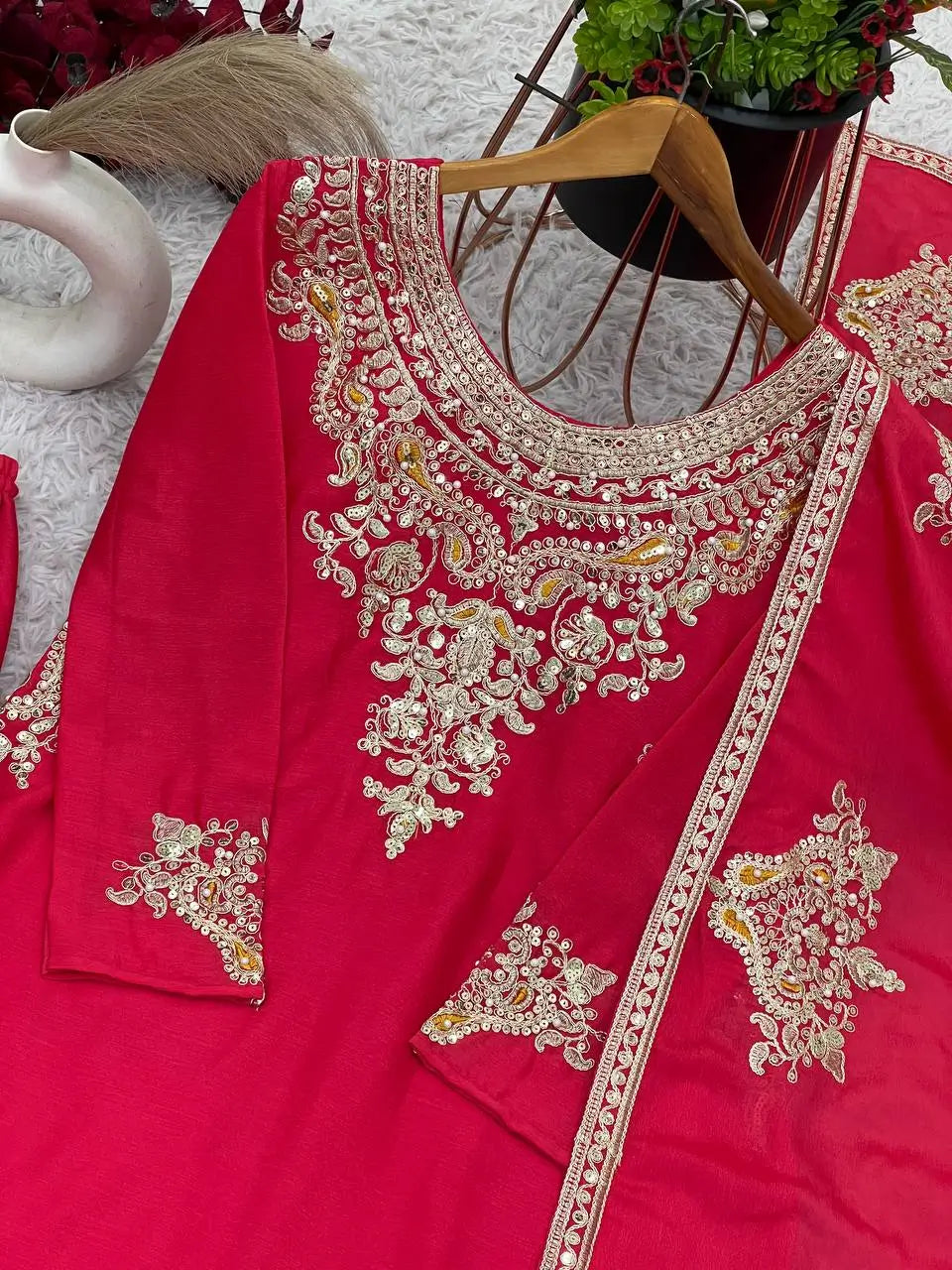Luxury Chinnon Silk Embroidered Suit Set with Palazzo & Dupatta