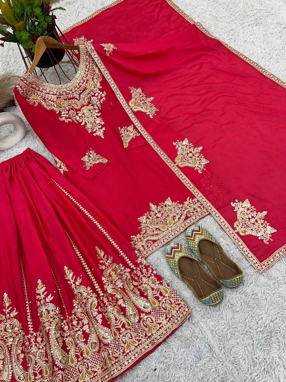 Luxury Chinnon Silk Embroidered Suit Set with Palazzo & Dupatta