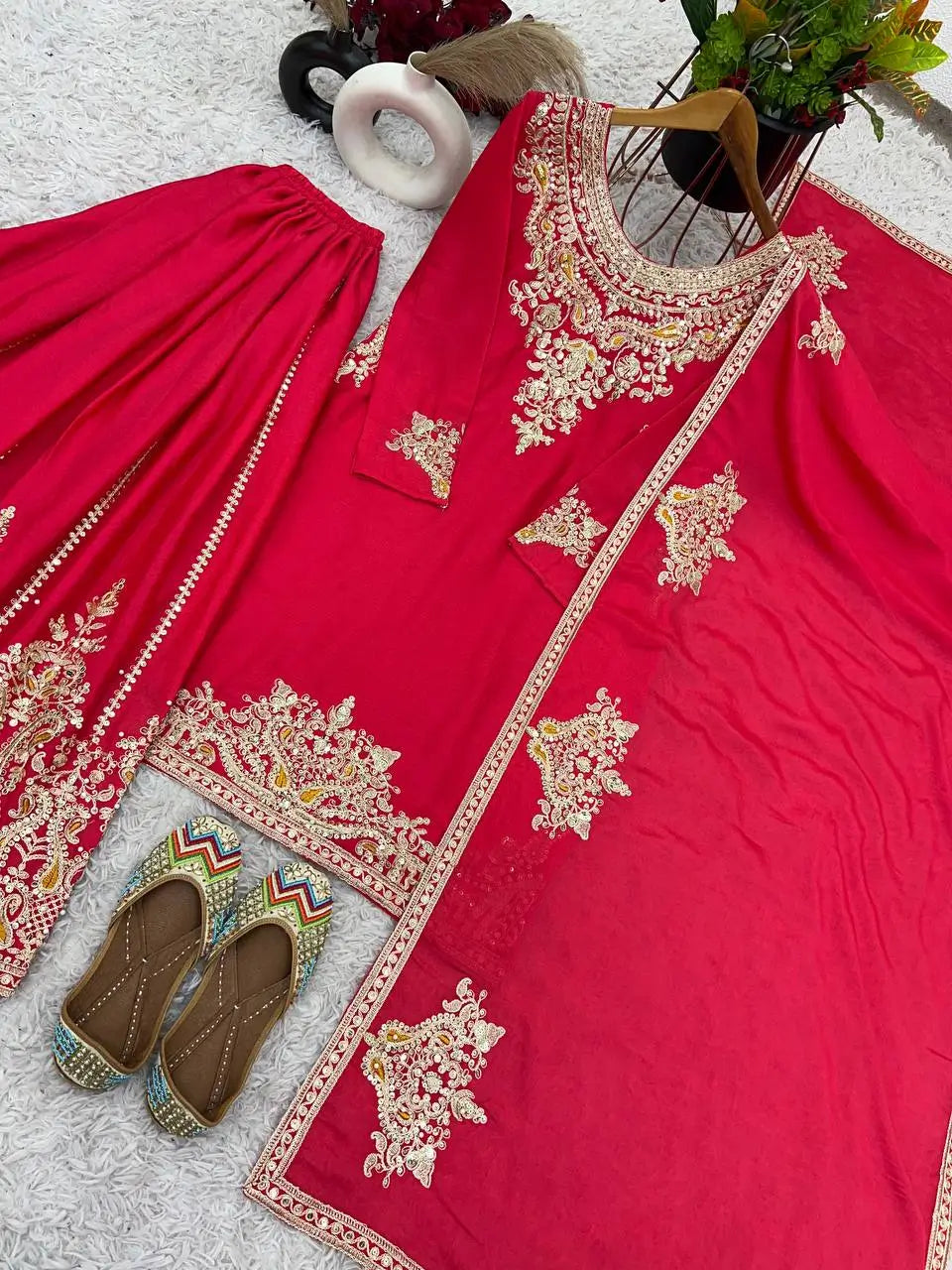 Luxury Chinnon Silk Embroidered Suit Set with Palazzo & Dupatta