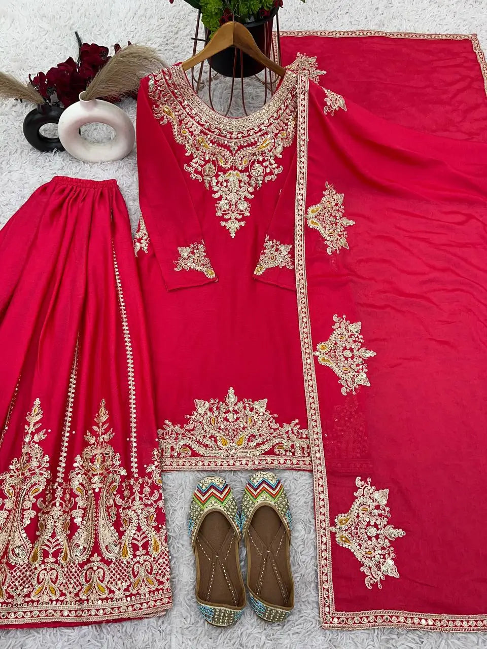 Luxury Chinnon Silk Embroidered Suit Set with Palazzo & Dupatta