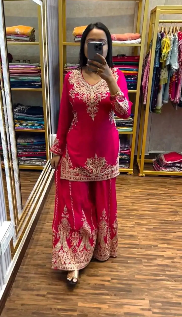 Luxury Chinnon Silk Embroidered Suit Set with Palazzo & Dupatta