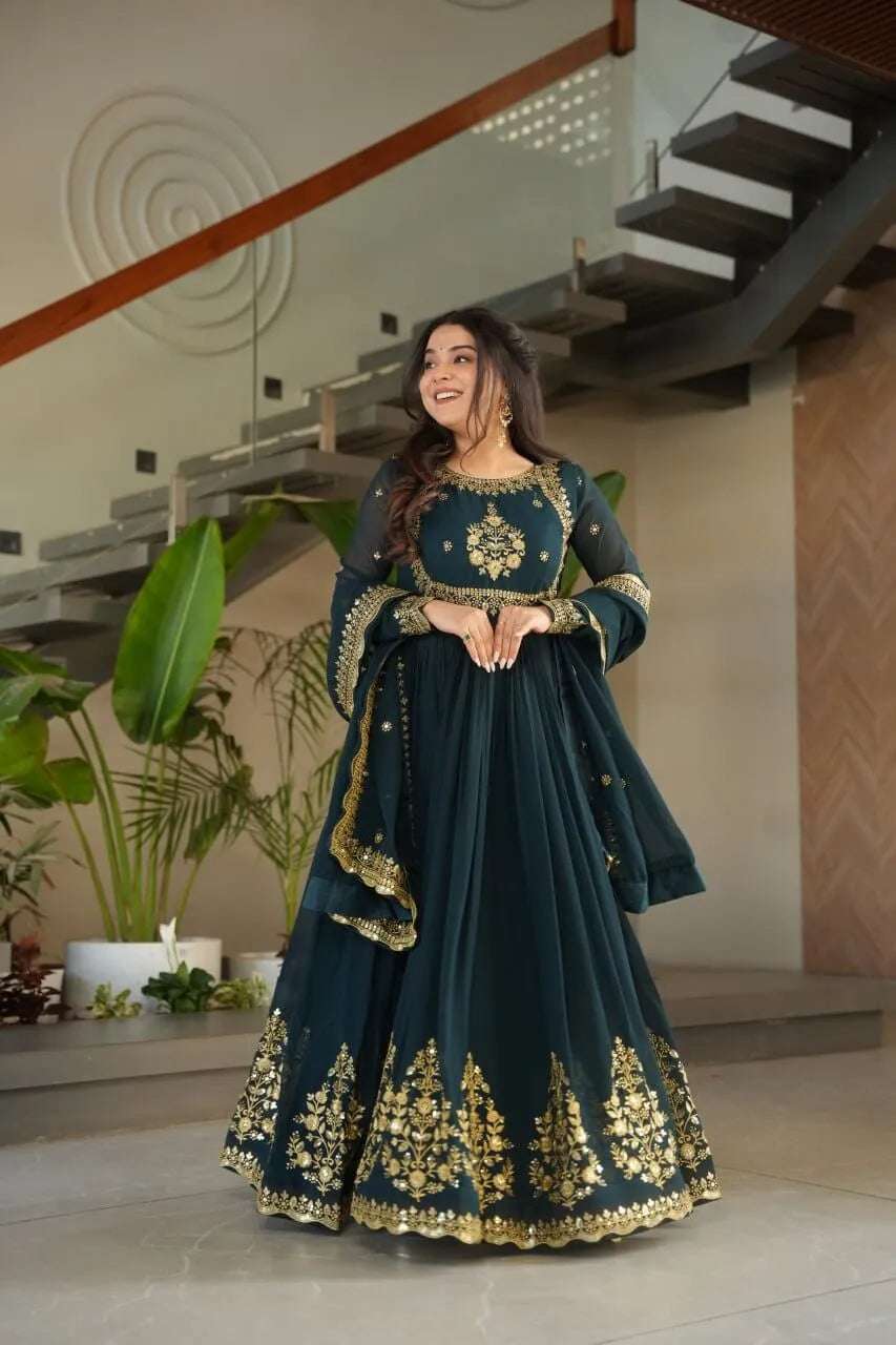 Luxury Designer Gown with Dupatta – Faux Blooming Georgette with Zari & Sequins Embroidery