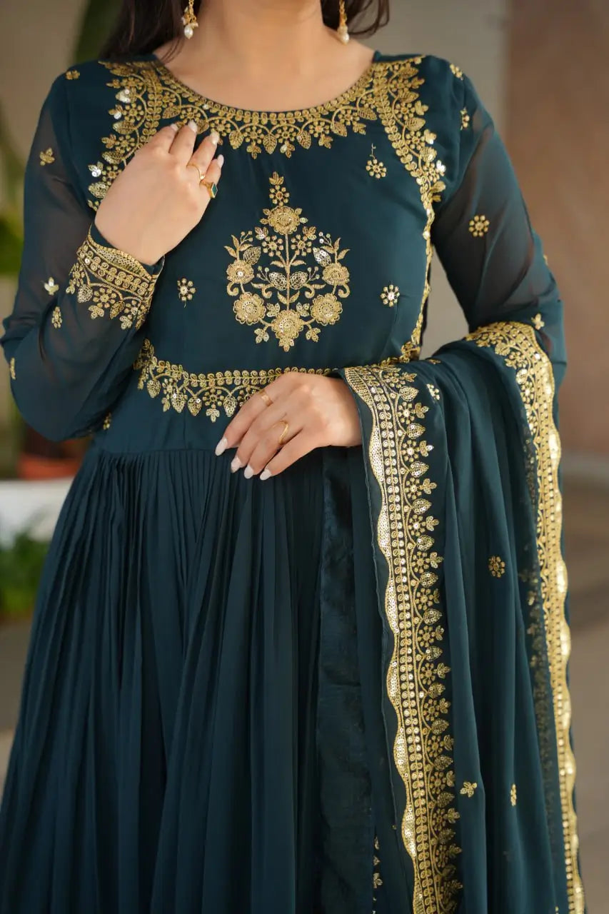 Luxury Designer Gown with Dupatta – Faux Blooming Georgette with Zari & Sequins Embroidery