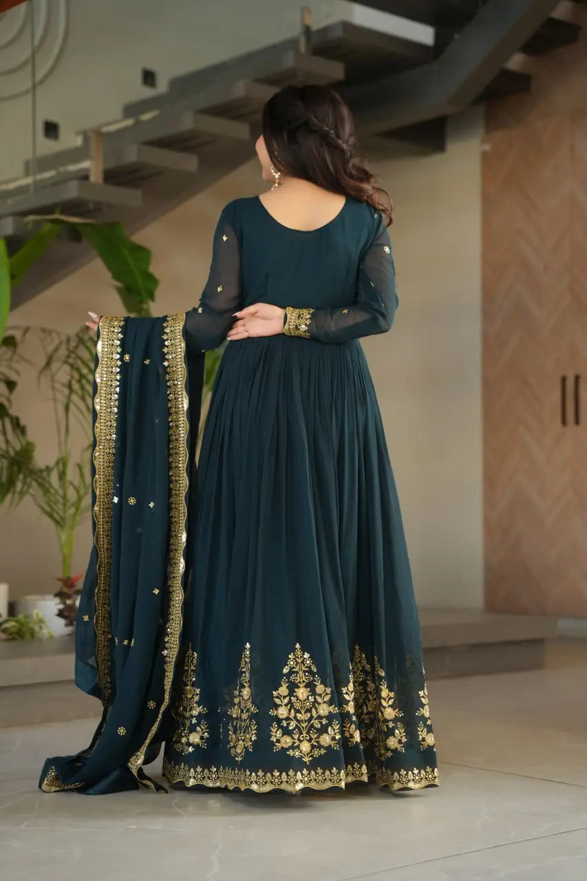 Luxury Designer Gown with Dupatta – Faux Blooming Georgette with Zari & Sequins Embroidery