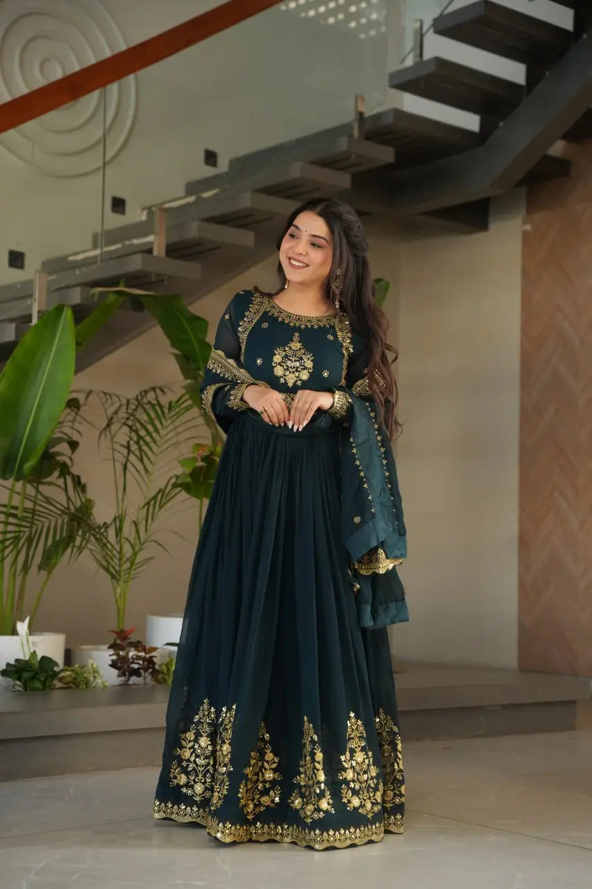 Luxury Designer Gown with Dupatta – Faux Blooming Georgette with Zari & Sequins Embroidery