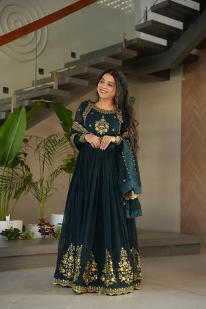 Luxury Designer Gown with Dupatta – Faux Blooming Georgette with Zari & Sequins Embroidery