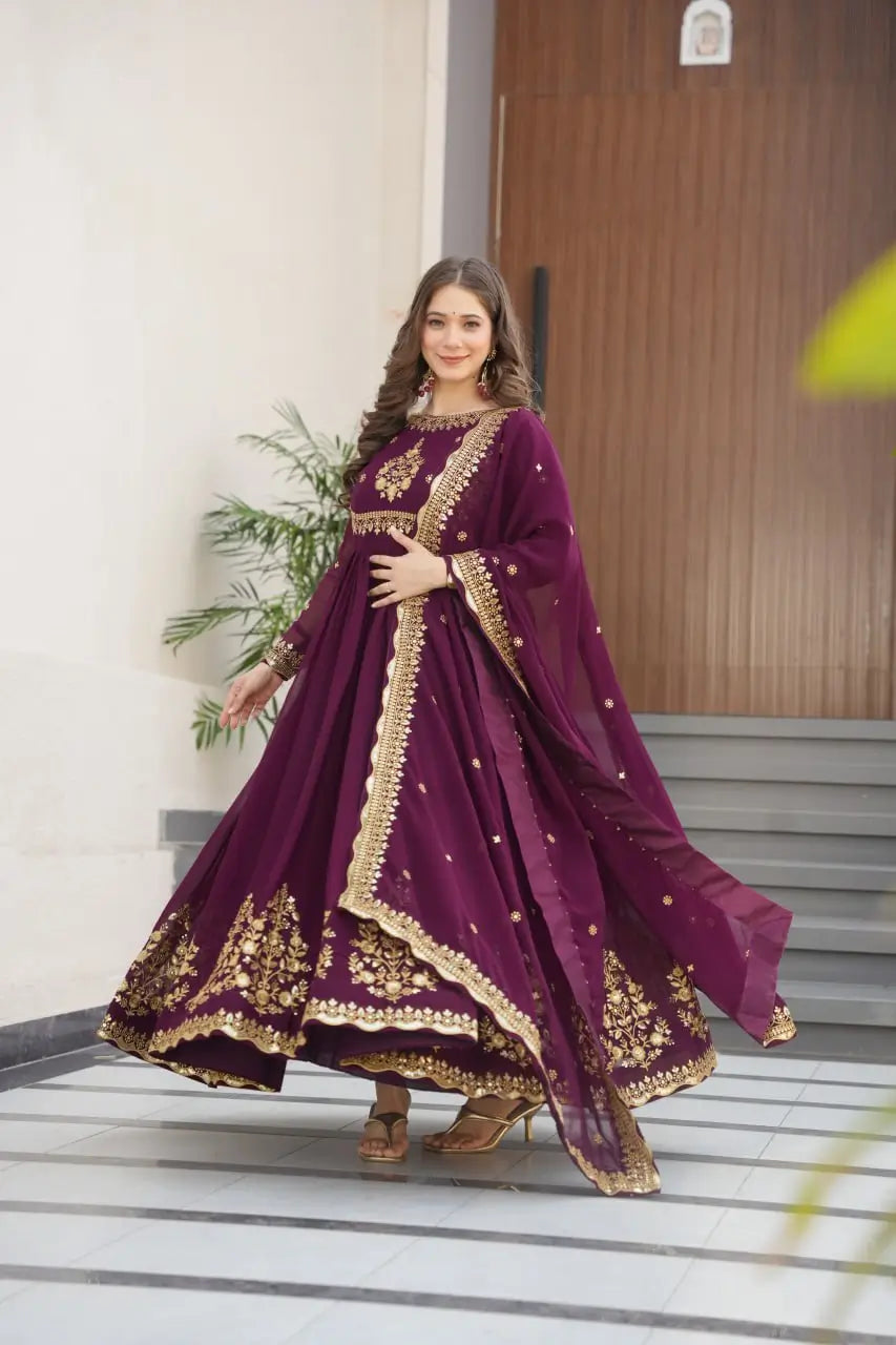 Luxury Designer Gown with Dupatta – Faux Blooming Georgette with Zari & Sequins Embroidery