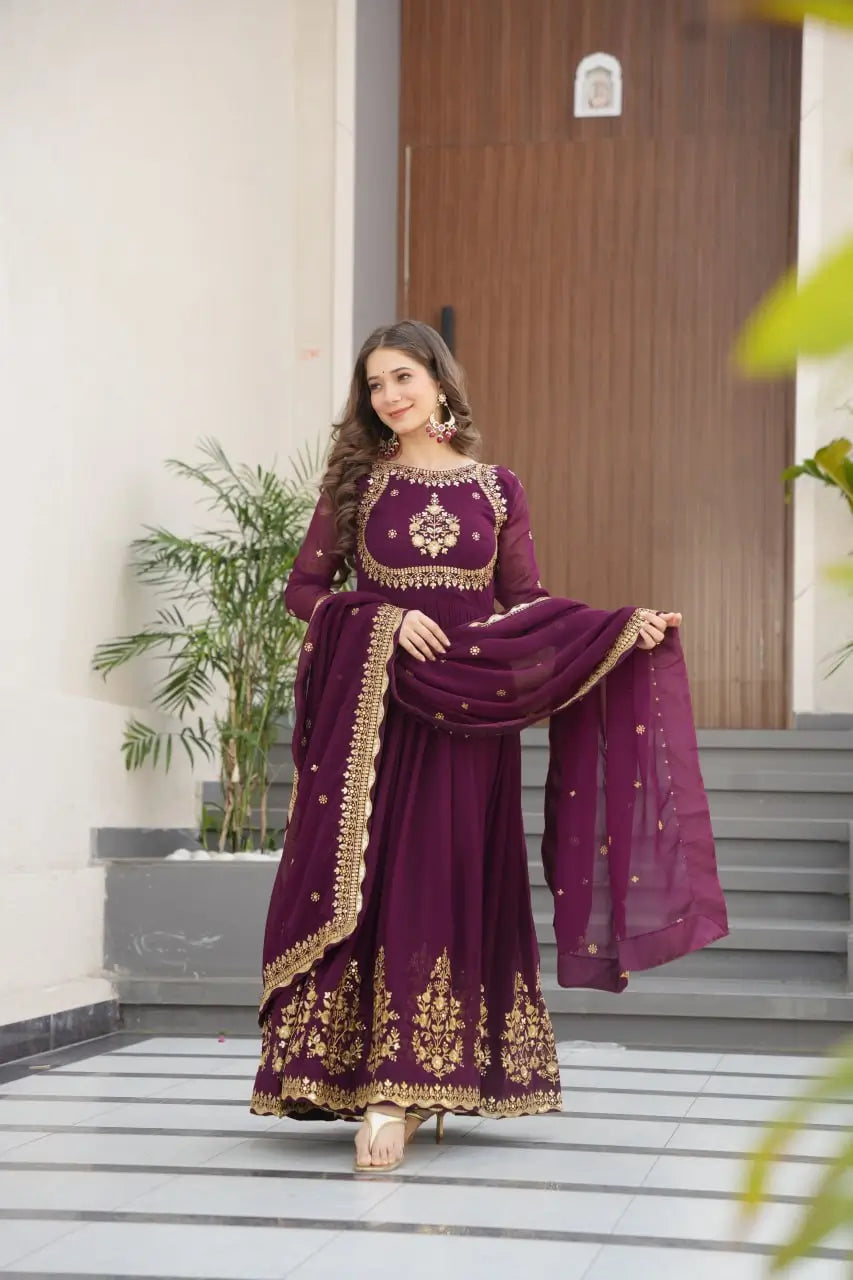 Luxury Designer Gown with Dupatta – Faux Blooming Georgette with Zari & Sequins Embroidery