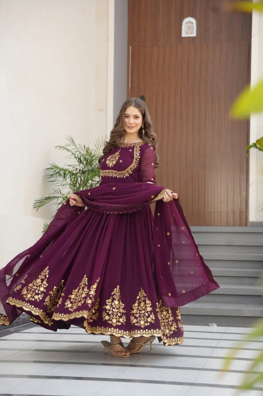 Luxury Designer Gown with Dupatta – Faux Blooming Georgette with Zari & Sequins Embroidery