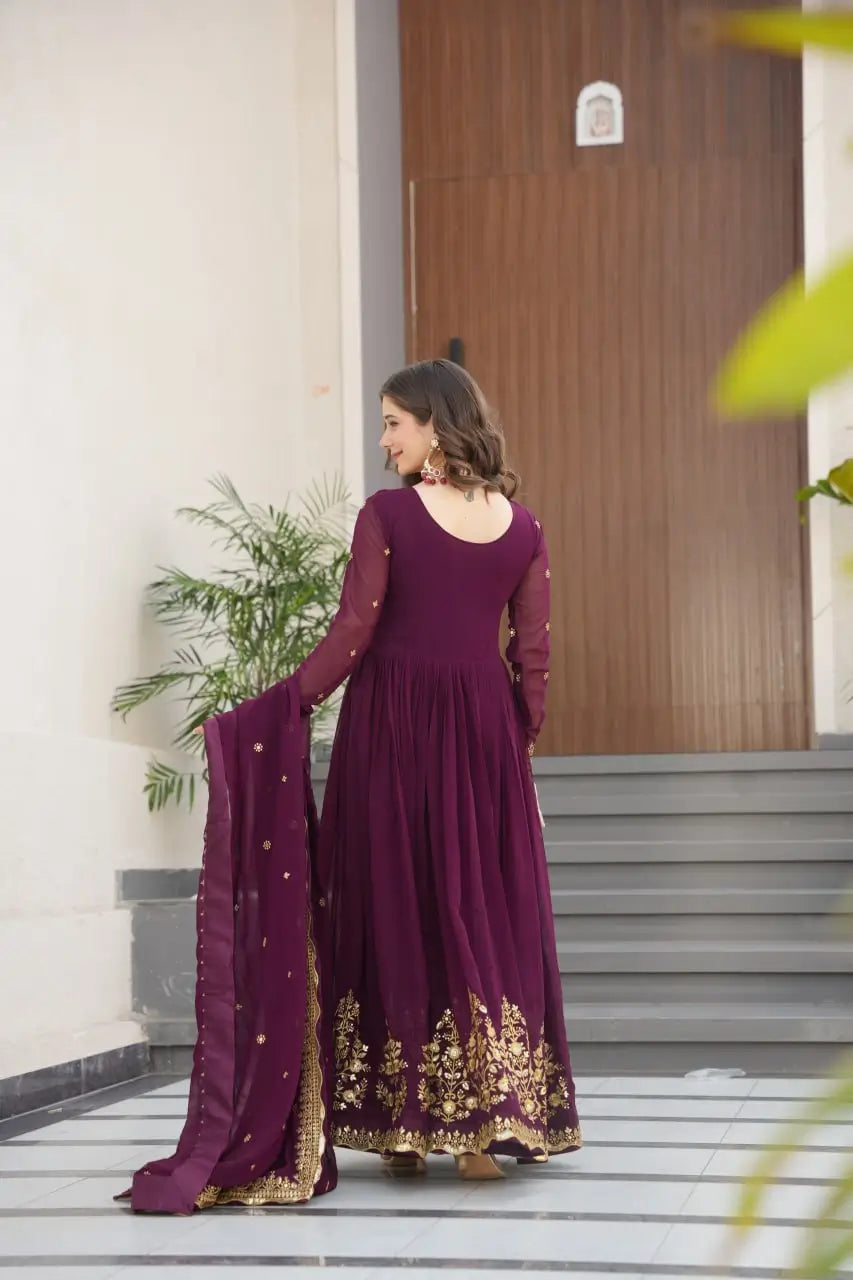 Luxury Designer Gown with Dupatta – Faux Blooming Georgette with Zari & Sequins Embroidery
