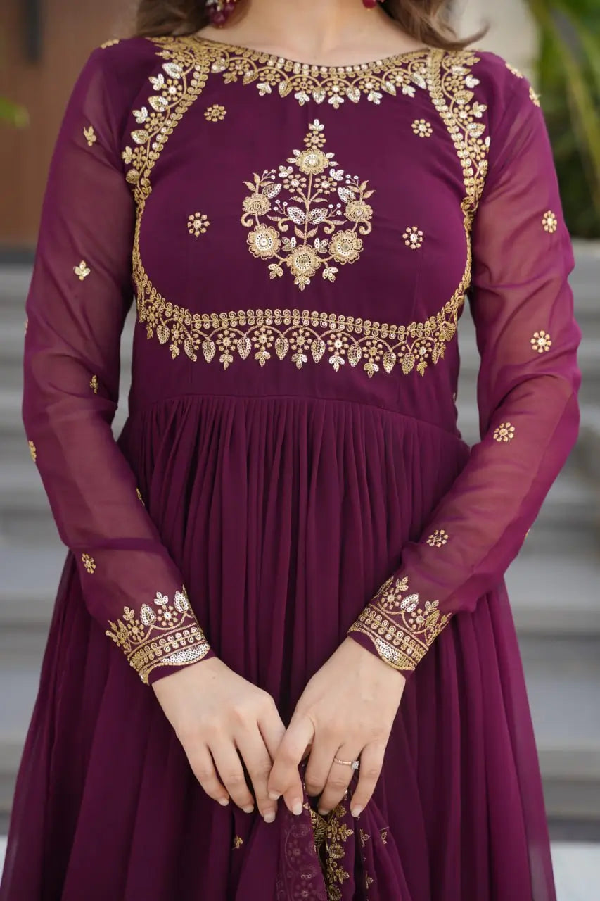 Luxury Designer Gown with Dupatta – Faux Blooming Georgette with Zari & Sequins Embroidery