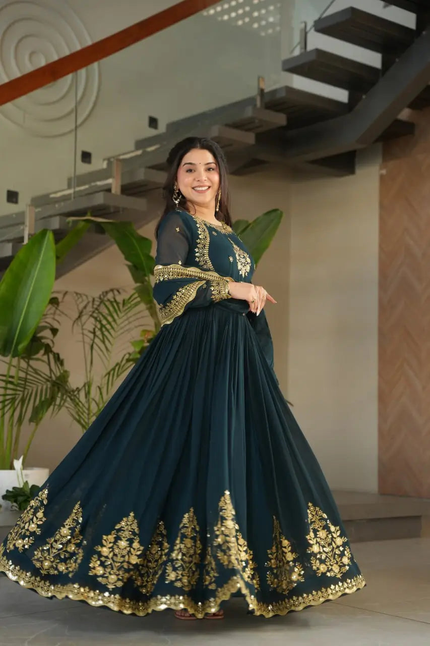 Luxury Designer Gown with Dupatta – Faux Blooming Georgette with Zari & Sequins Embroidery