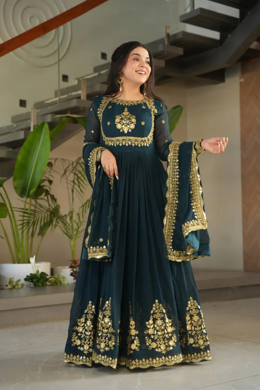 Luxury Designer Gown with Dupatta – Faux Blooming Georgette with Zari & Sequins Embroidery