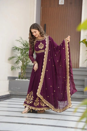 Luxury Designer Gown with Dupatta – Faux Blooming Georgette with Zari & Sequins Embroidery