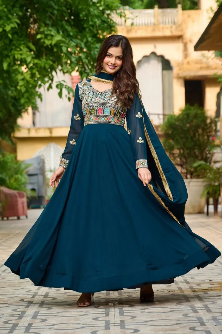 Luxury Faux Blooming Embroidered Gown with Dupatta | Party & Wedding Wear Outfit for Women – Maroon & Rama