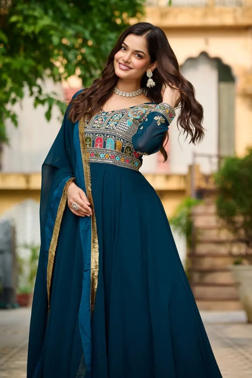Luxury Faux Blooming Embroidered Gown with Dupatta | Party & Wedding Wear Outfit for Women – Maroon & Rama