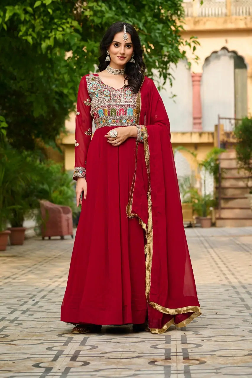 Luxury Faux Blooming Embroidered Gown with Dupatta | Party & Wedding Wear Outfit for Women – Maroon & Rama