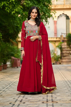 Luxury Faux Blooming Embroidered Gown with Dupatta | Party & Wedding Wear Outfit for Women – Maroon & Rama